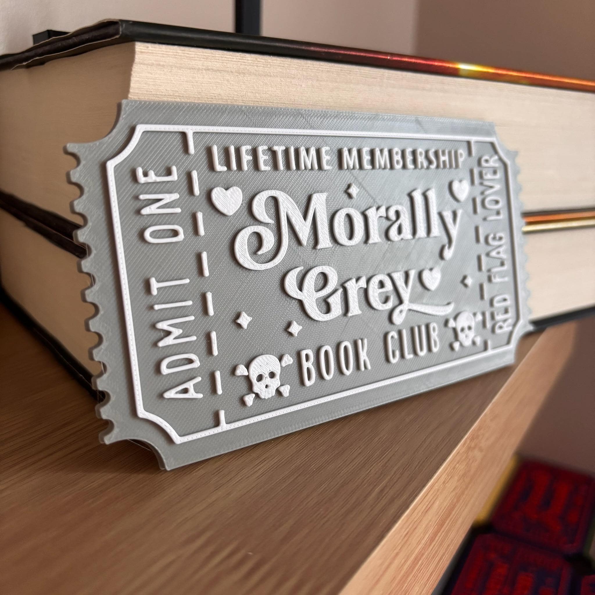 Morally Grey Book Club Ticket Display | You Choose Colors! | Bookmark or Bookish Gift | 3D Printed Library Decor __etsy:8048124880
