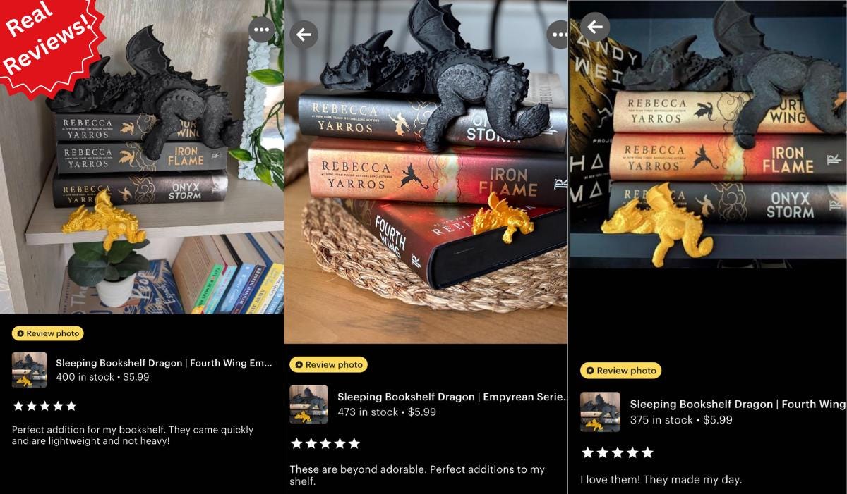 real customer reviews with photos showing Dragon figurines nestled in gift-ready box with book-loving vibe, perfect fantasy gift for Fourth Wing fans