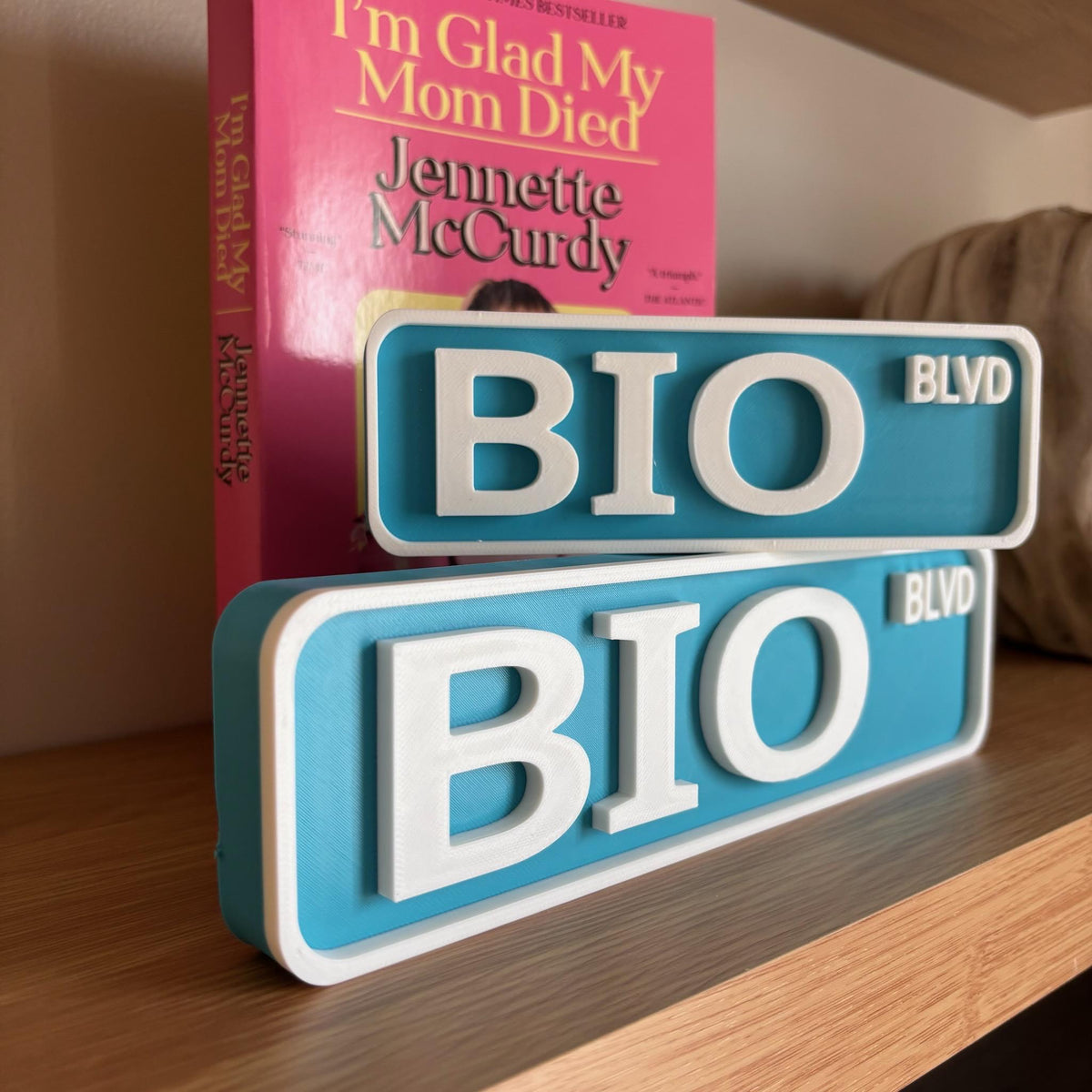 Two teal and white BIO BLVD bookshelf street signs, small stacked on large, in front of a book