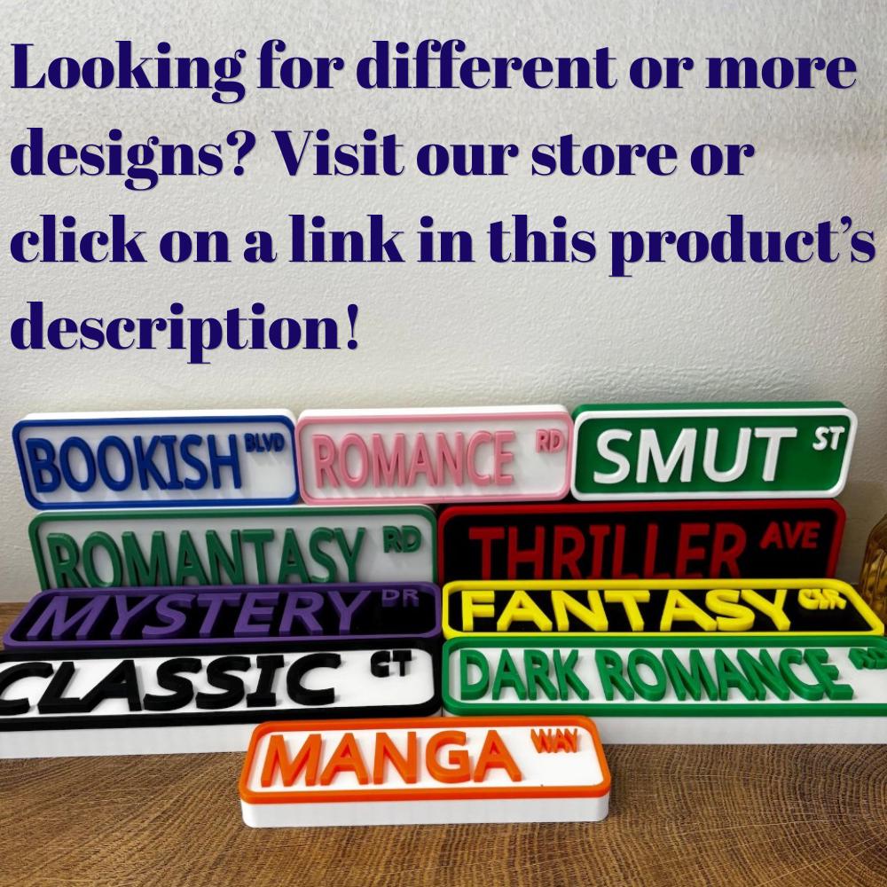 Collage of more genre street signs: Bookish, Romance, Smut, Romantasy, Thriller, Mystery, Fantasy, Classic, Dark Romance and Manga