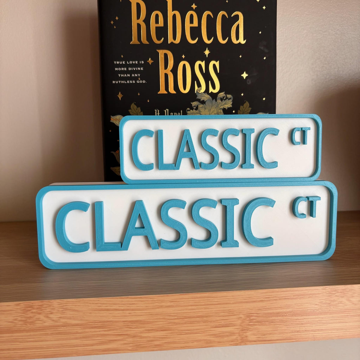 Front view of the small and large teal and white CLASSIC CT street signs
