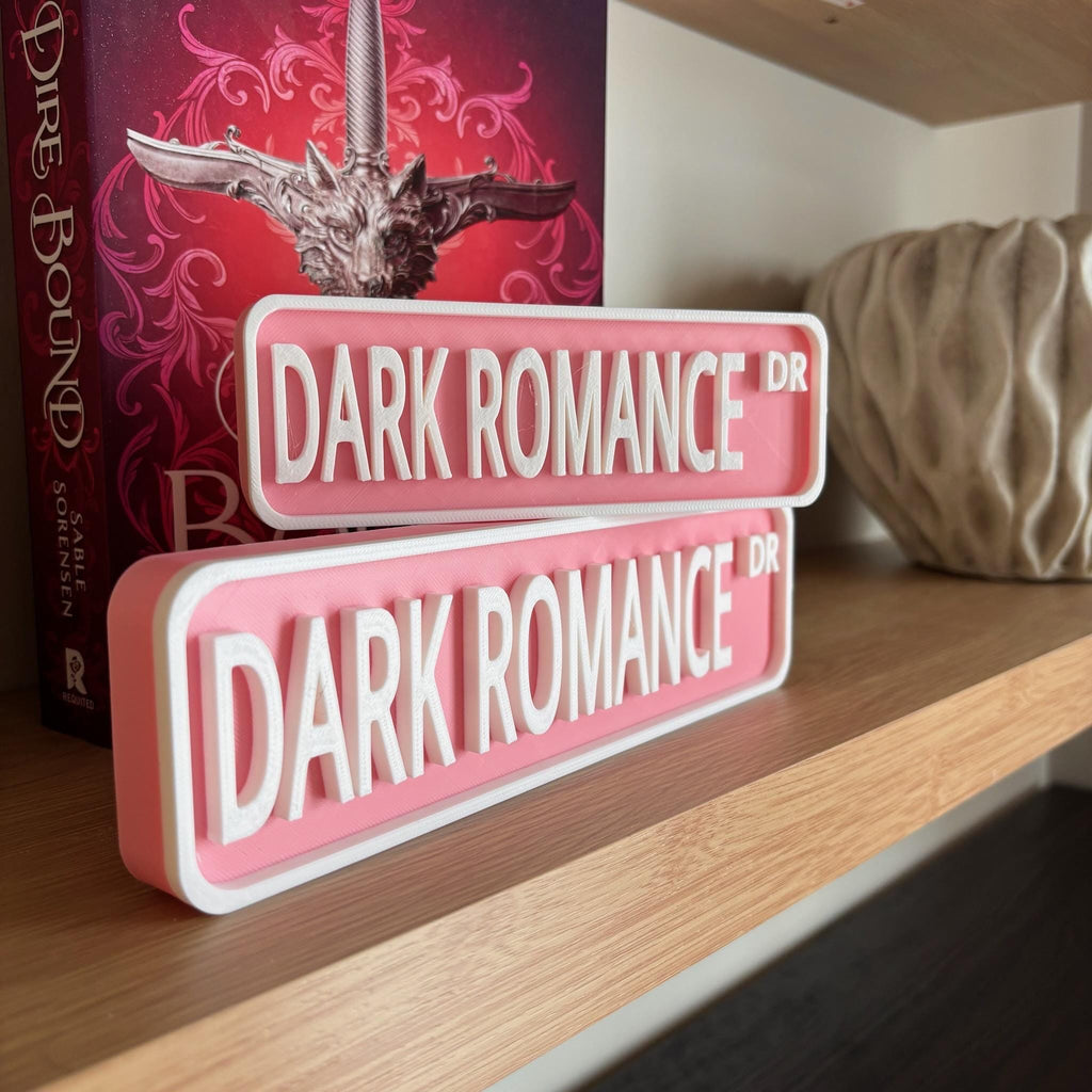 Pink and white DARK ROMANCE DR street signs, small stacked on large, in front of a book