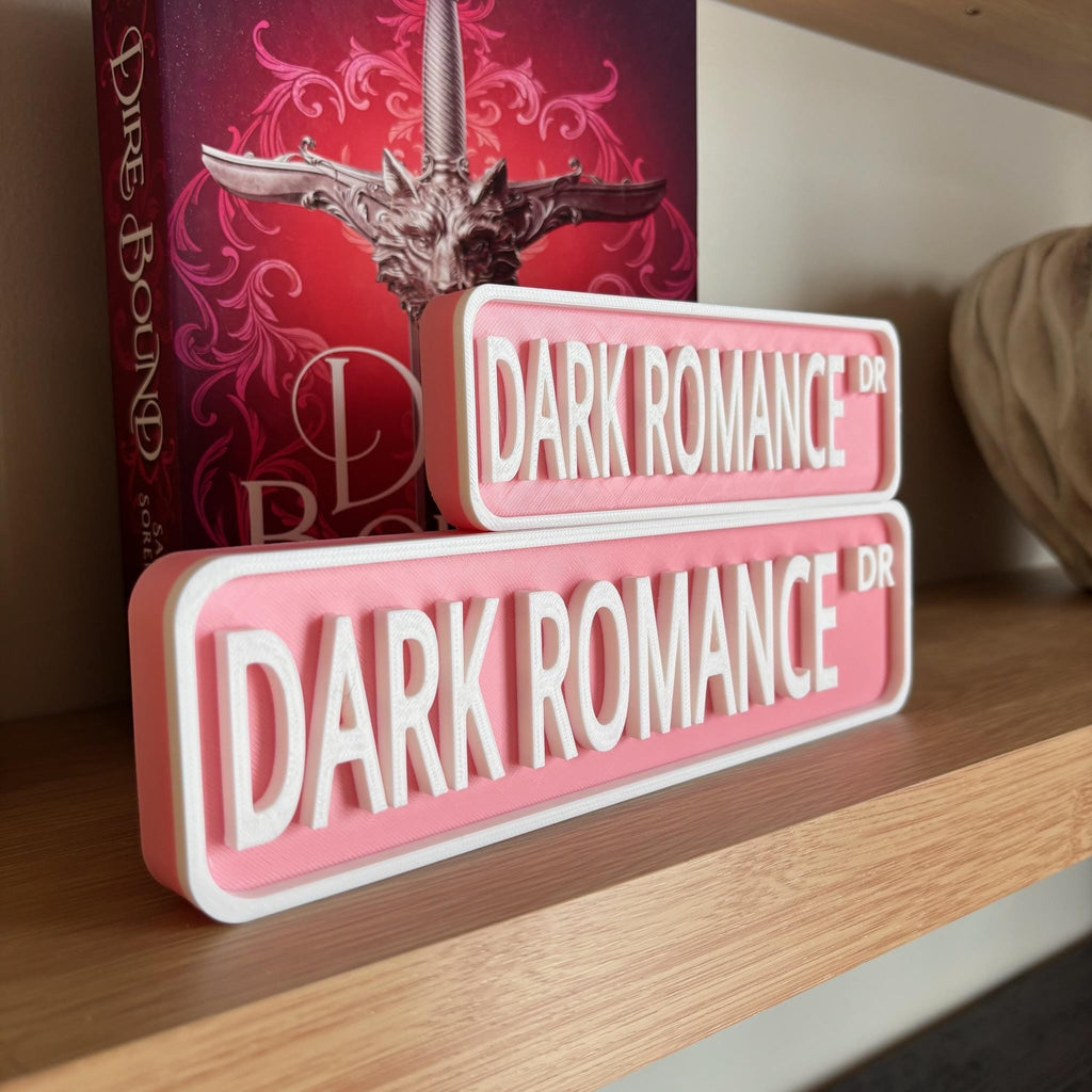 Front view of the pink DARK ROMANCE DR street signs in front of a fantasy book