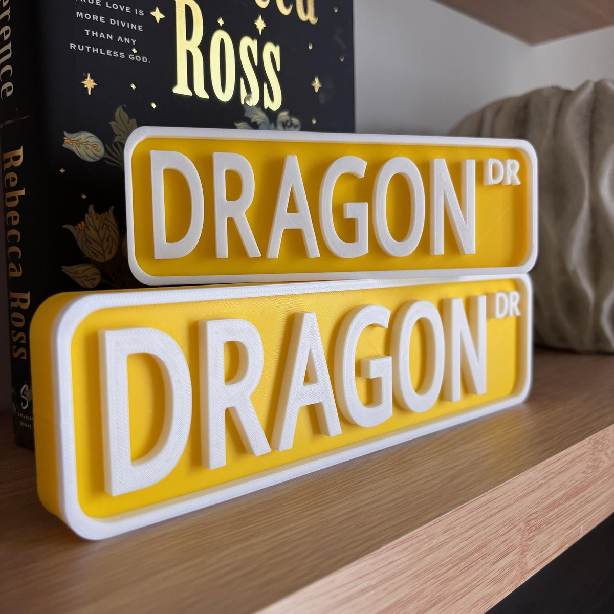 Yellow and white DRAGON DR street signs, small stacked on large, on a bookshelf