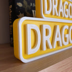 Close angled view of the raised white lettering on the yellow DRAGON DR street signs