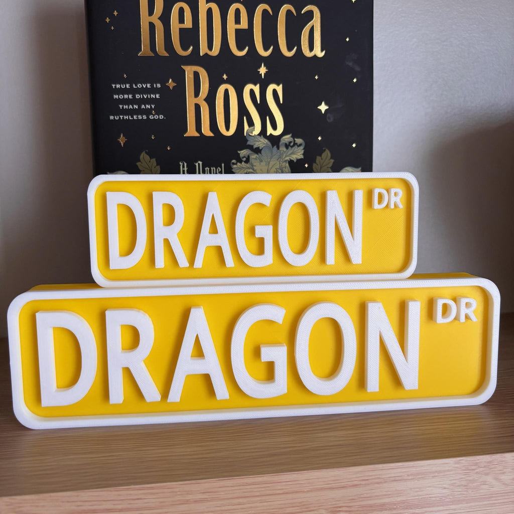 Front view of the small and large yellow and white DRAGON DR street signs