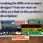 Collage of more genre street signs: Bookish, Romance, Romantasy, Thriller, Mystery, Fantasy, Classic, Dark Romance and Manga