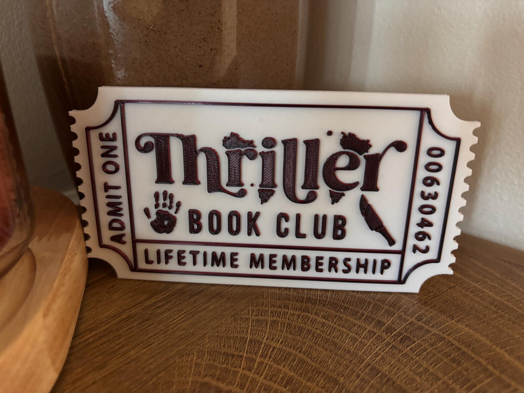 White and black Thriller Book Club ticket with handprint and knife details
