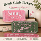 Book Club Tickets graphic with pink Smut and green Plot Twist ticket designs